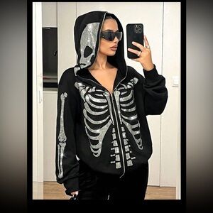 Rhinestone Black Skeleton Hoodie Jacket